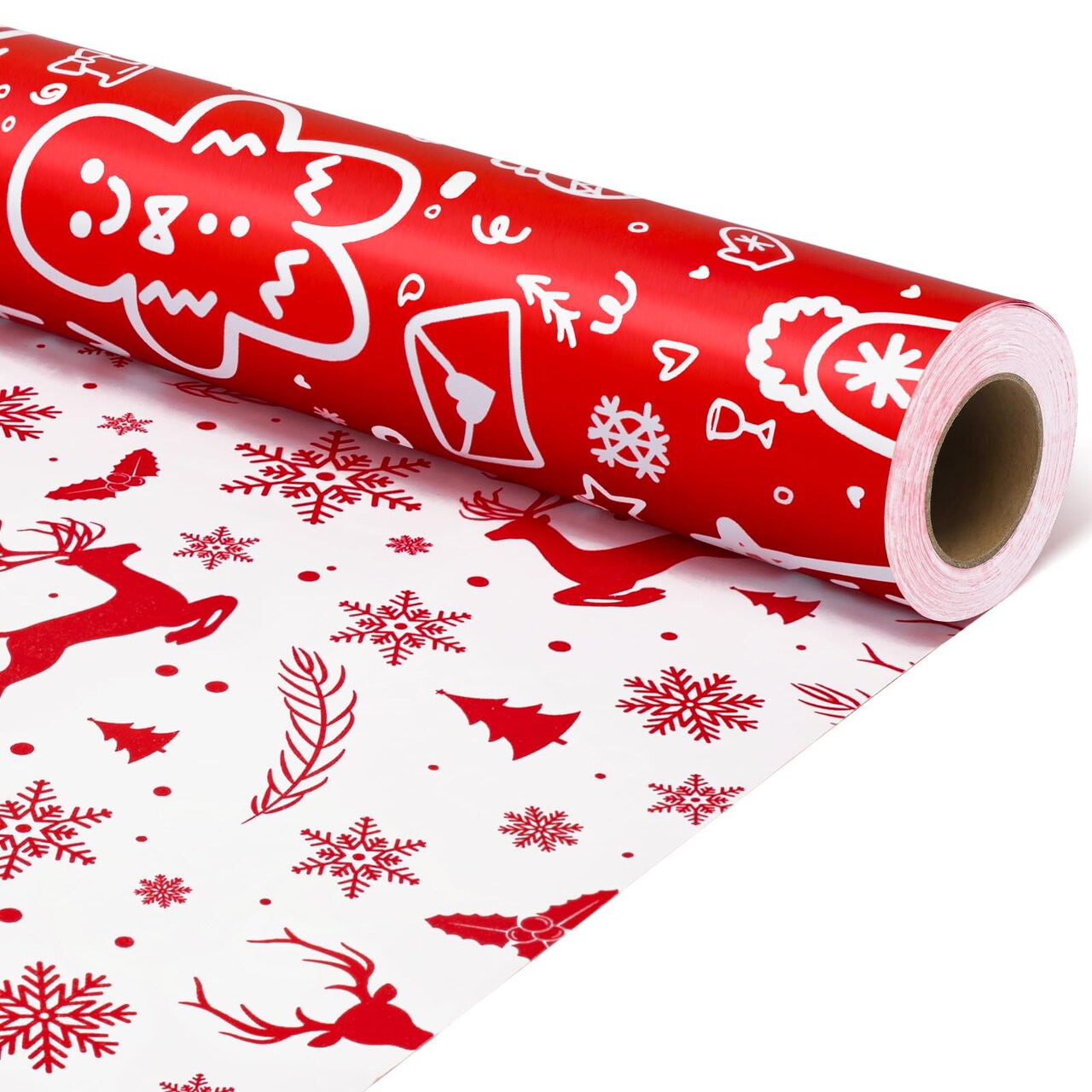 Reversible Christmas Wrapping Paper, Santa Gift Wrapping Paper Roll, Red White Reindeer and Snowflake Wrapping Paper for New Year, Holiday, Party, 17 Inch X 32.8 Feet